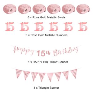 BRT Bearingshui 15th Birthday Decoration Kit for Girls, Happy 15th Birthday Banner Bunting Swirls Streamers, Triangle Flag Banner for Birthday Party Decorations Supplies Rose Gold 15th