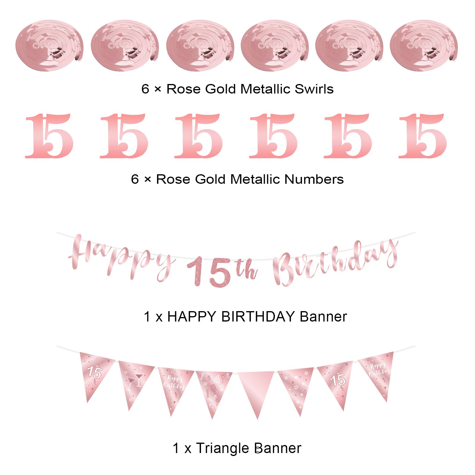 BRT Bearingshui 15th Birthday Decoration Kit for Girls, Happy 15th Birthday Banner Bunting Swirls Streamers, Triangle Flag Banner for Birthday Party Decorations Supplies Rose Gold 15th