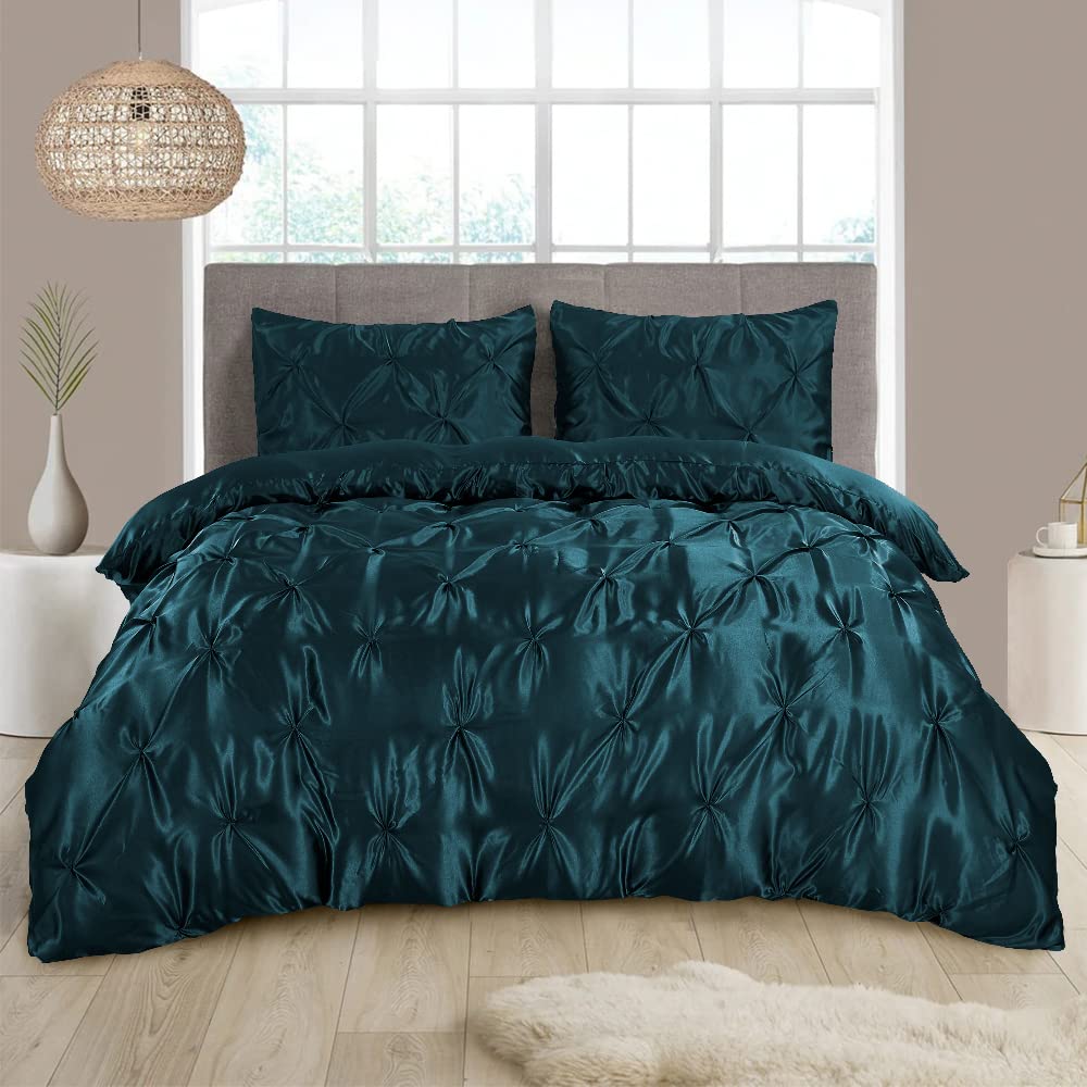 Luxurious Satin Pinch Plated Dark Teal Duvet Cover Queen Size 1 Piece Silk Like Comforter Cover, Ultra Soft and Breathable Bedding Set with Zipper Closure & Corner Ties