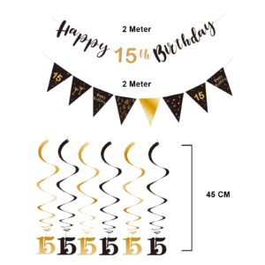 BRT Bearingshui 15th Birthday Decoration Kit for Boys Girls, Happy 15th Birthday Banner Bunting Swirls Streamers, Triangle Flag Banner for Birthday Party Decorations Supplies Black and Gold 15th