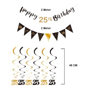 BRT Bearingshui 25th Birthday Decoration Kit for Men Women, Happy 25th Birthday Banner Bunting Swirls Streamers, Triangle Flag Banner for Birthday Party Decorations Supplies Black and Gold 25th