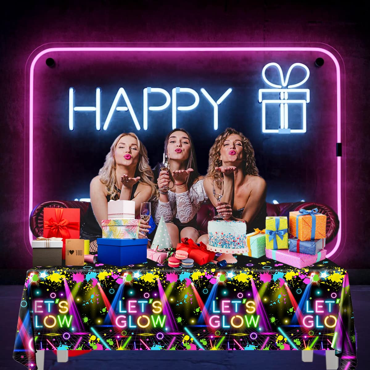 HAKOTI 3Pack Glow Tablecloth,Glow Party Supplies Neon Glow Birthday Rectangle Table Cover Let's Glow Tablecloth for Glow in The Dark,Let's Glow Party Decoration