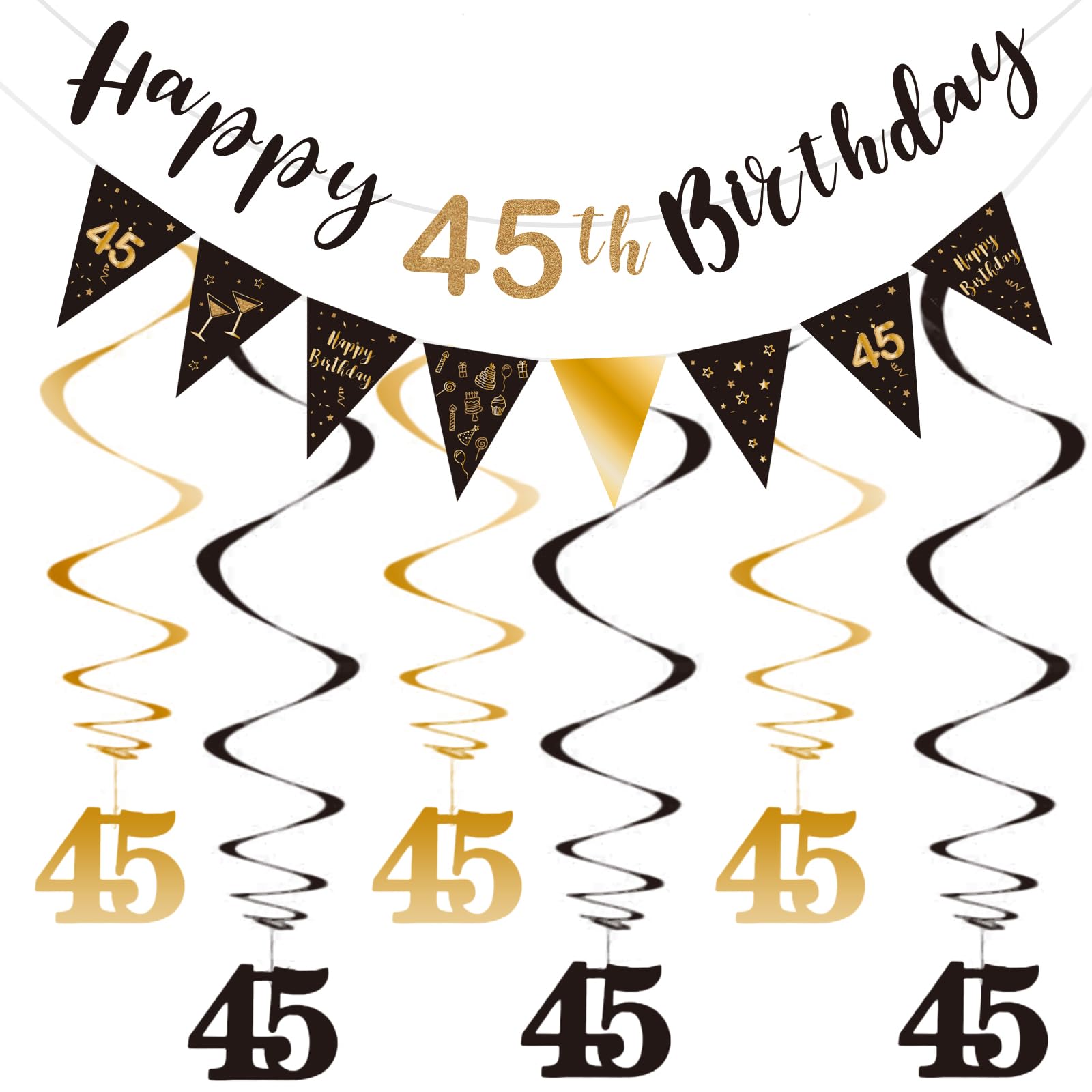 BRT Bearingshui 45th Birthday Decoration Kit for Men Women, Happy 45th Birthday Banner Bunting Swirls Streamers, Triangle Flag Banner for Birthday Party Decorations Supplies Black and Gold 45th