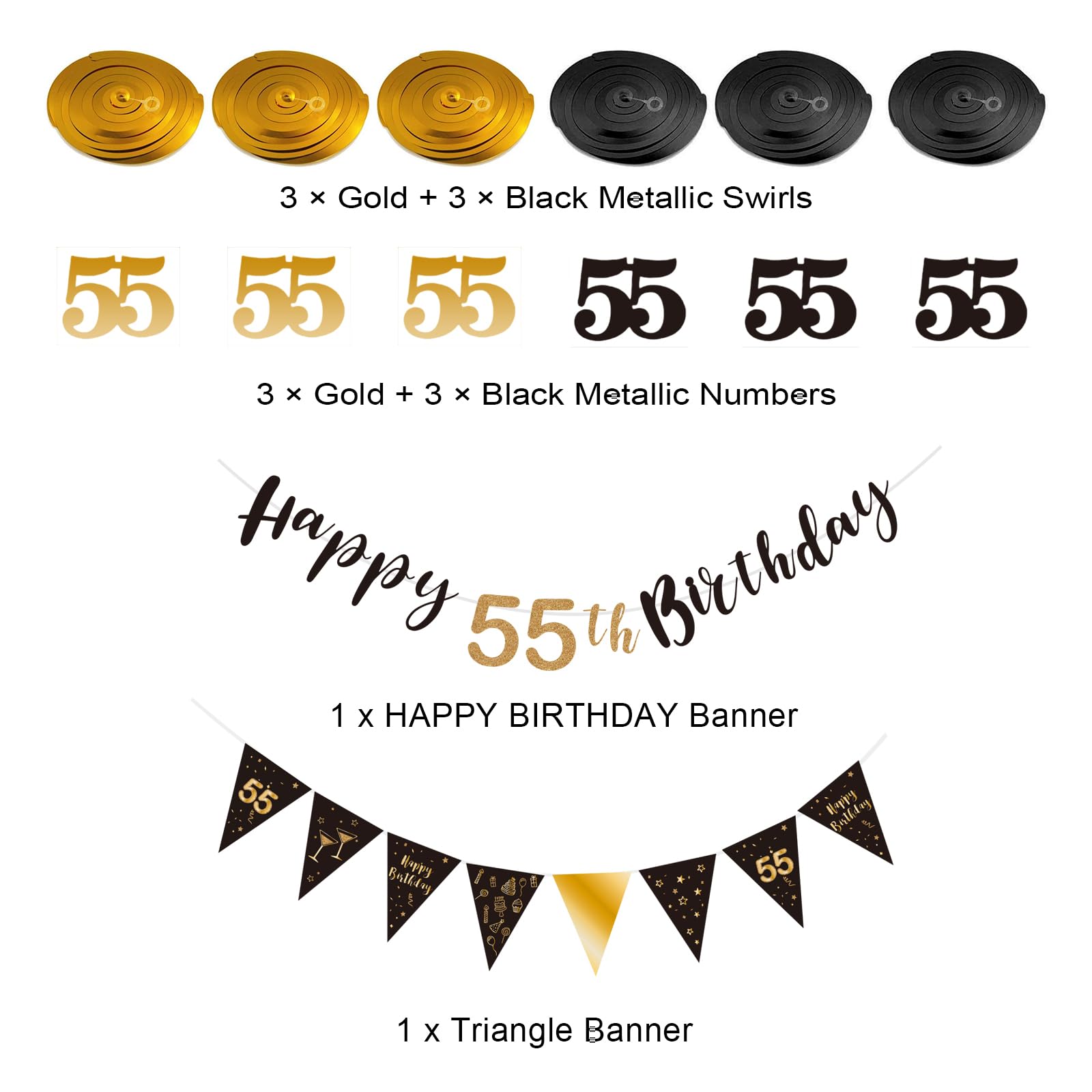 BRT Bearingshui 55th Birthday Decoration Kit for Men Women, Happy 55th Birthday Banner Bunting Swirls Streamers, Triangle Flag Banner for Birthday Party Decorations Supplies Black and Gold 55th