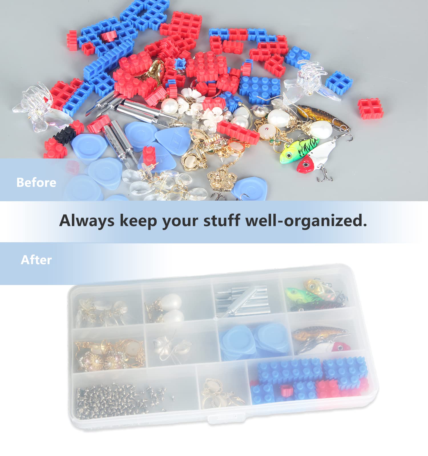 CAZCAL 11 Grids Clear Plastic Organizer Box Container Craft Storage Suitable for Beads Organizer Art DIY Crafts Jewelry Fishing Tools Rock Collection Kite String with 1 Sheet Label Sticker