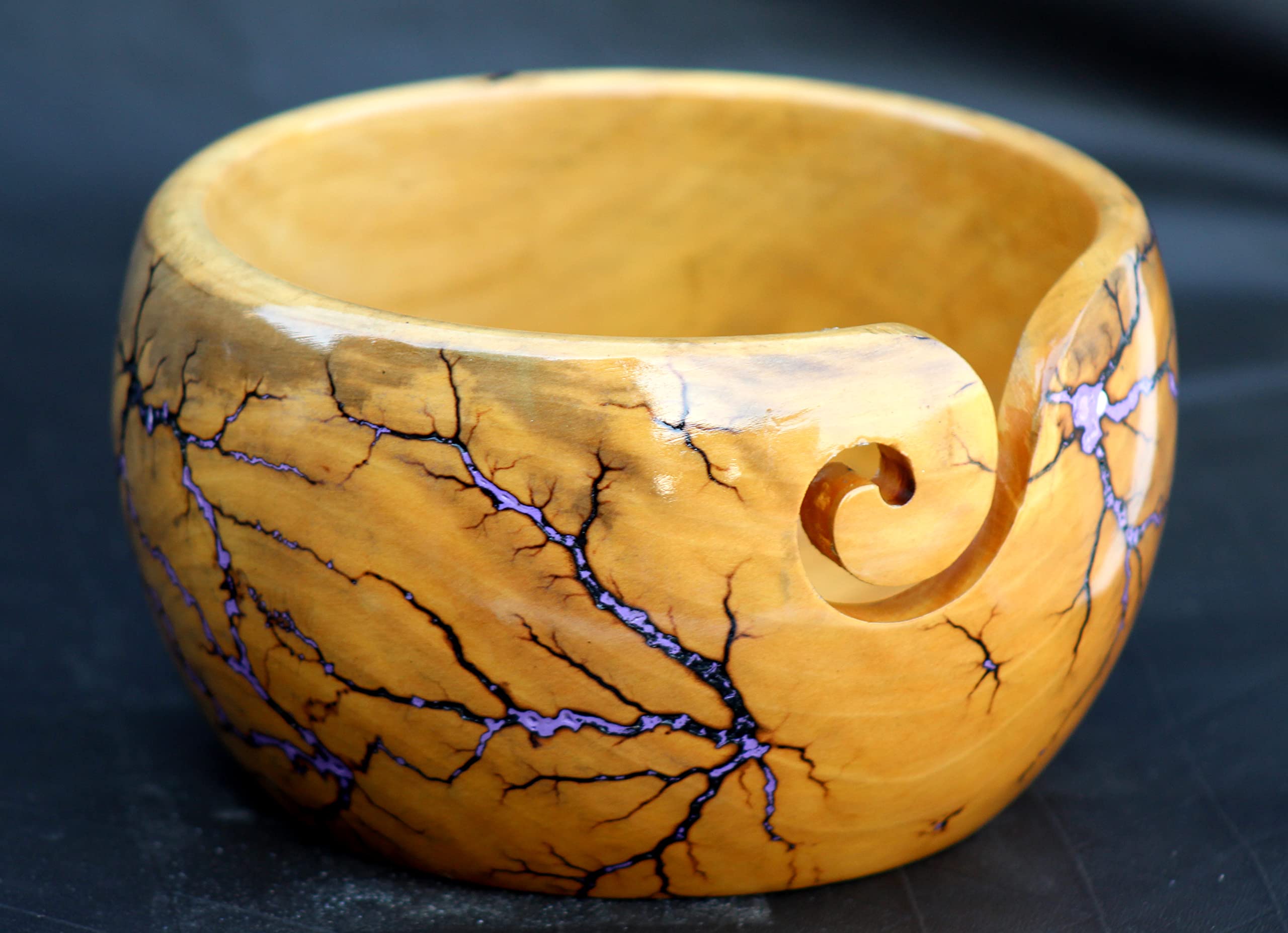 Lichtenberg Figure Yarn Bowl - Handmade Wooden Yarn Bowl for Knitting Yarn Ball Holder - Yarn Bowls with Holes Crochet Bowl Holder - Yarn Storage Bowl 7" x 4" inches (Purple-B)