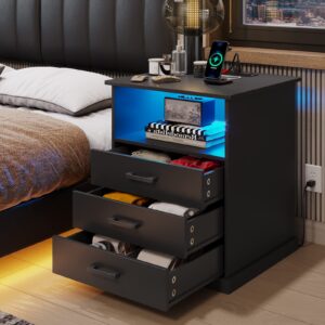 Hasuit Nightstand with Charging Station and LED Lights, Large Bedside Table with 3 Storage Drawer, Black Night Stand for Bedroom, Wider Tabletop 19.0''(L) x 15.0''(W)