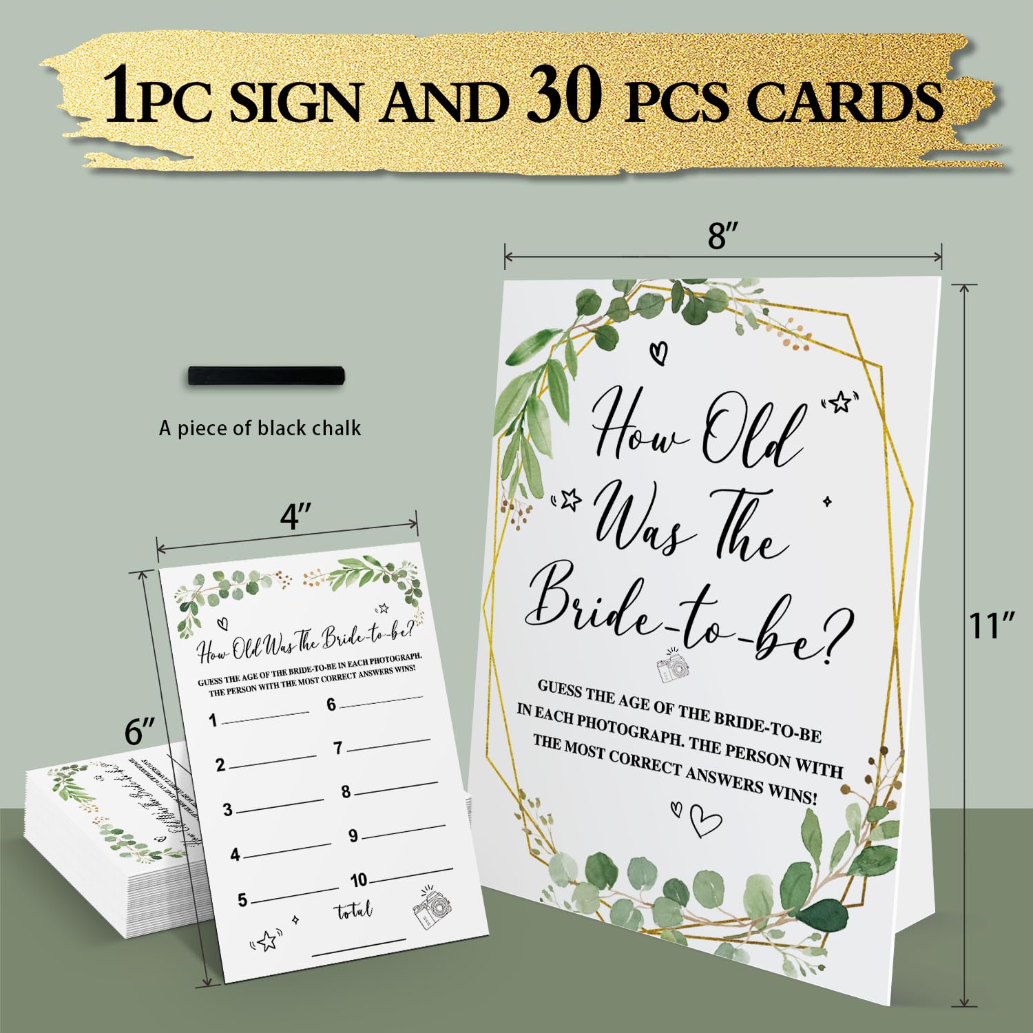 Bridal Shower Game Kit, How Old were The Bride-to-Be, Eucalyptus Gold Green Leaf Theme Photo Game Guess The Age, Bride Game Decoration Set (1 Sign + 30 Guess Cards)