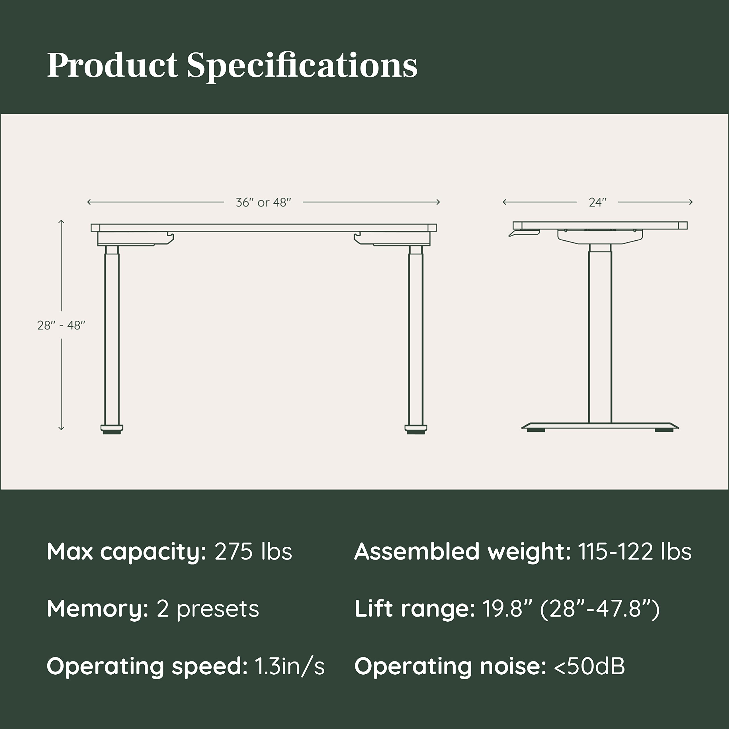 Branch Duo Standing Desk 36 Inches - Adjustable Standing Desk with 20” Range - OLED Control Panel - Frameless Design & Compact Size Suitable for Many Spaces - White Base - Woodgrain Top