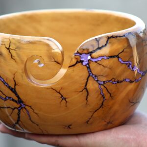 Lichtenberg Figure Yarn Bowl - Handmade Wooden Yarn Bowl for Knitting Yarn Ball Holder - Yarn Bowls with Holes Crochet Bowl Holder - Yarn Storage Bowl 7" x 4" inches (Purple-B)