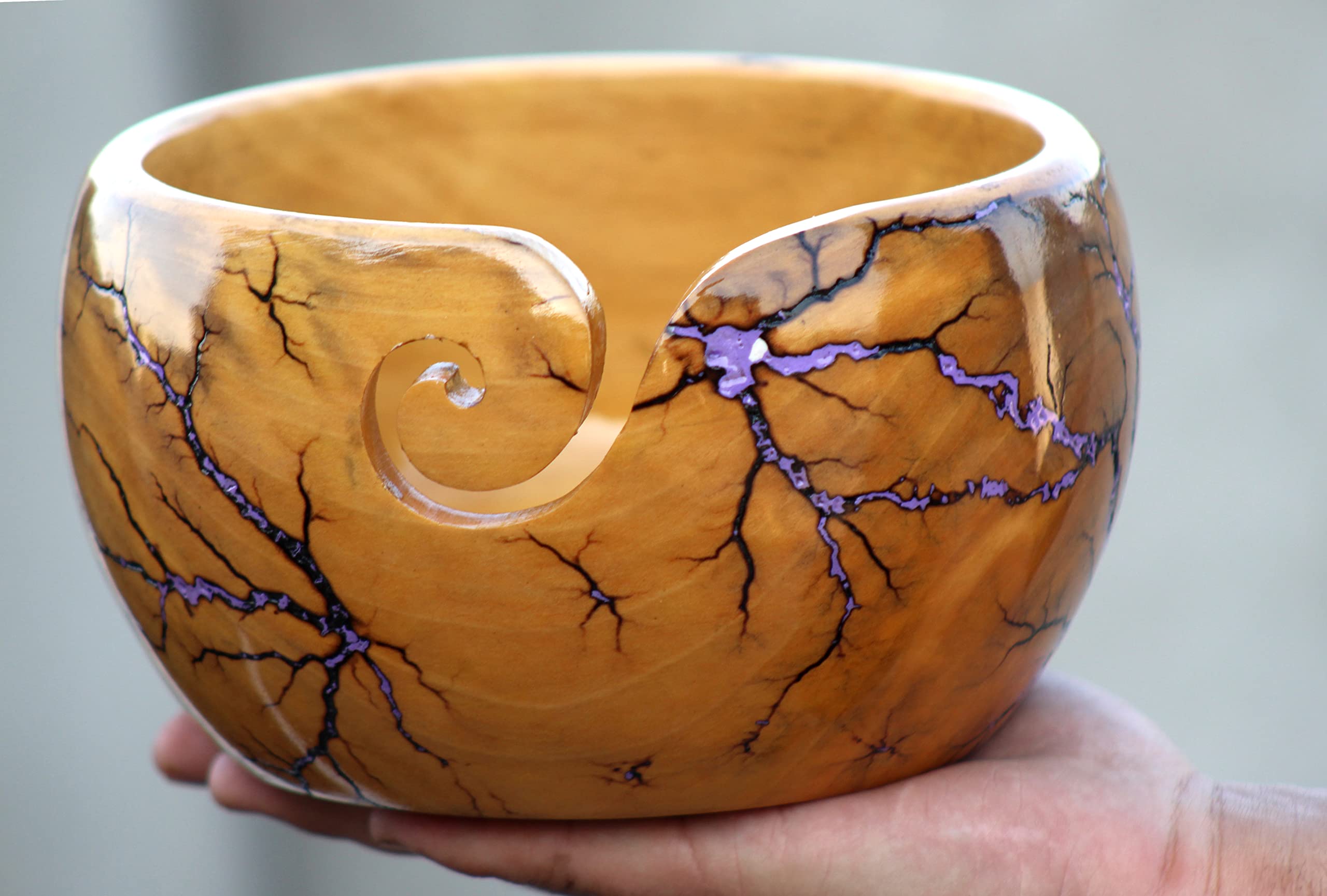 Lichtenberg Figure Yarn Bowl - Handmade Wooden Yarn Bowl for Knitting Yarn Ball Holder - Yarn Bowls with Holes Crochet Bowl Holder - Yarn Storage Bowl 7" x 4" inches (Purple-B)