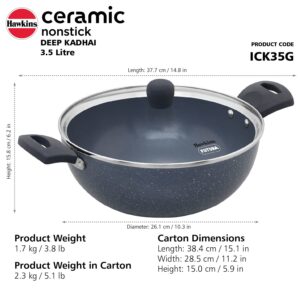 HAWKINS Ceramic Nonstick 3.5 Litre Deep Kadhai, Induction Deep Fry Pan with Glass Lid, Granite Kadai (ICK35G)