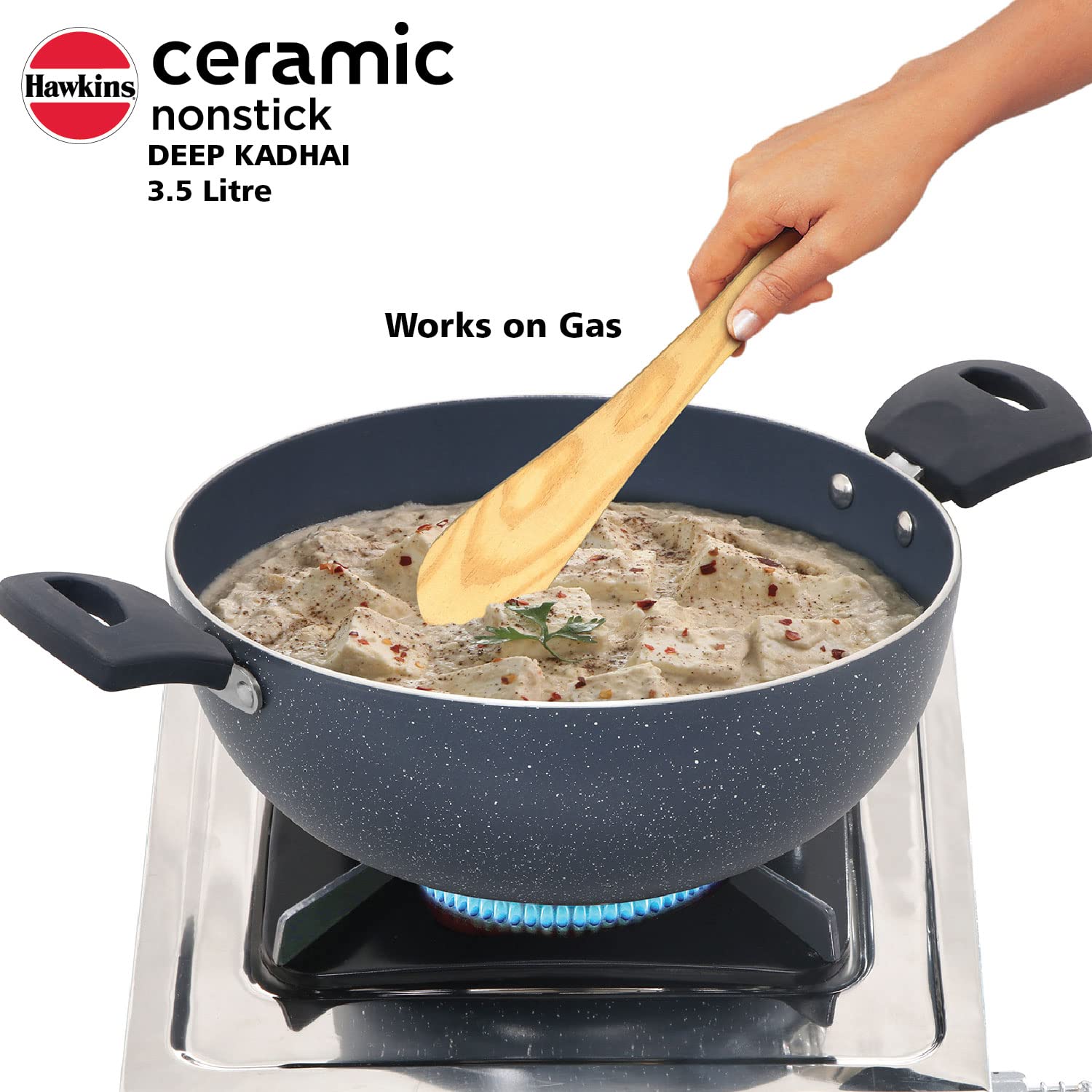 HAWKINS Ceramic Nonstick 3.5 Litre Deep Kadhai, Induction Deep Fry Pan with Glass Lid, Granite Kadai (ICK35G)