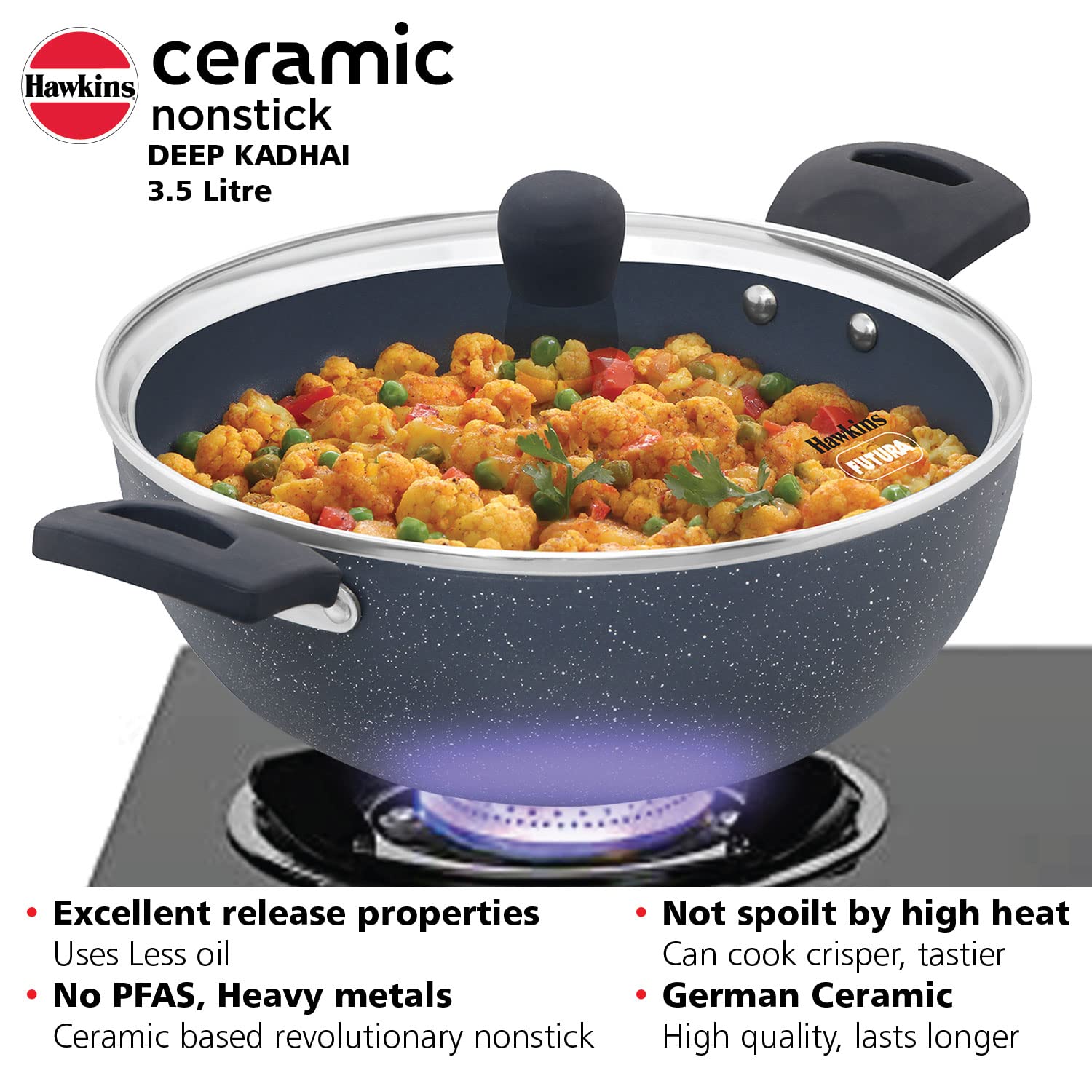 HAWKINS Ceramic Nonstick 3.5 Litre Deep Kadhai, Induction Deep Fry Pan with Glass Lid, Granite Kadai (ICK35G)