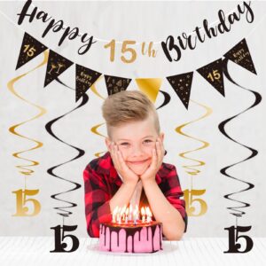 BRT Bearingshui 15th Birthday Decoration Kit for Boys Girls, Happy 15th Birthday Banner Bunting Swirls Streamers, Triangle Flag Banner for Birthday Party Decorations Supplies Black and Gold 15th