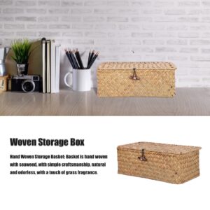 LAVEN Woven Rectangular Basket Bins, Simple Seagrass Storage Basket with Lid for Office (M)