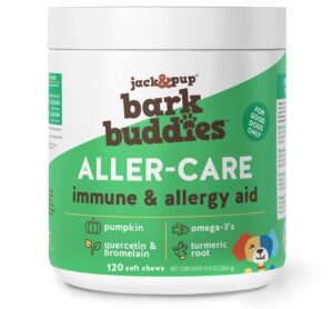 jack&pup dog allergy chews - bark buddies aller-care soft chew bites itch relief for dogs & allergy support for dogs - dog immune supplement, dog skin allergies treatment and anti itch for dogs 120ct