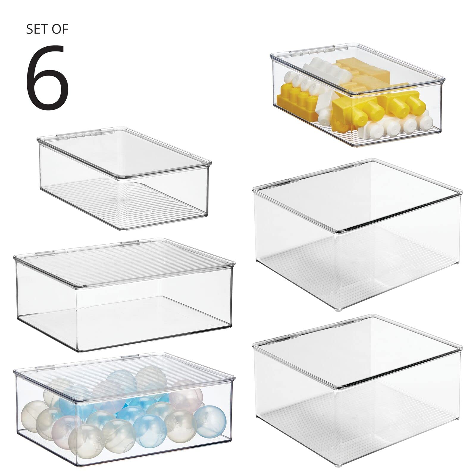 mDesign Plastic Stackable Playroom/Game Organizer Storage Box with Hinged Lid for Shelves, Cubbies, Holds Toys, Blocks, Puzzles, Controllers, or Crayons, Set of 6, Clear