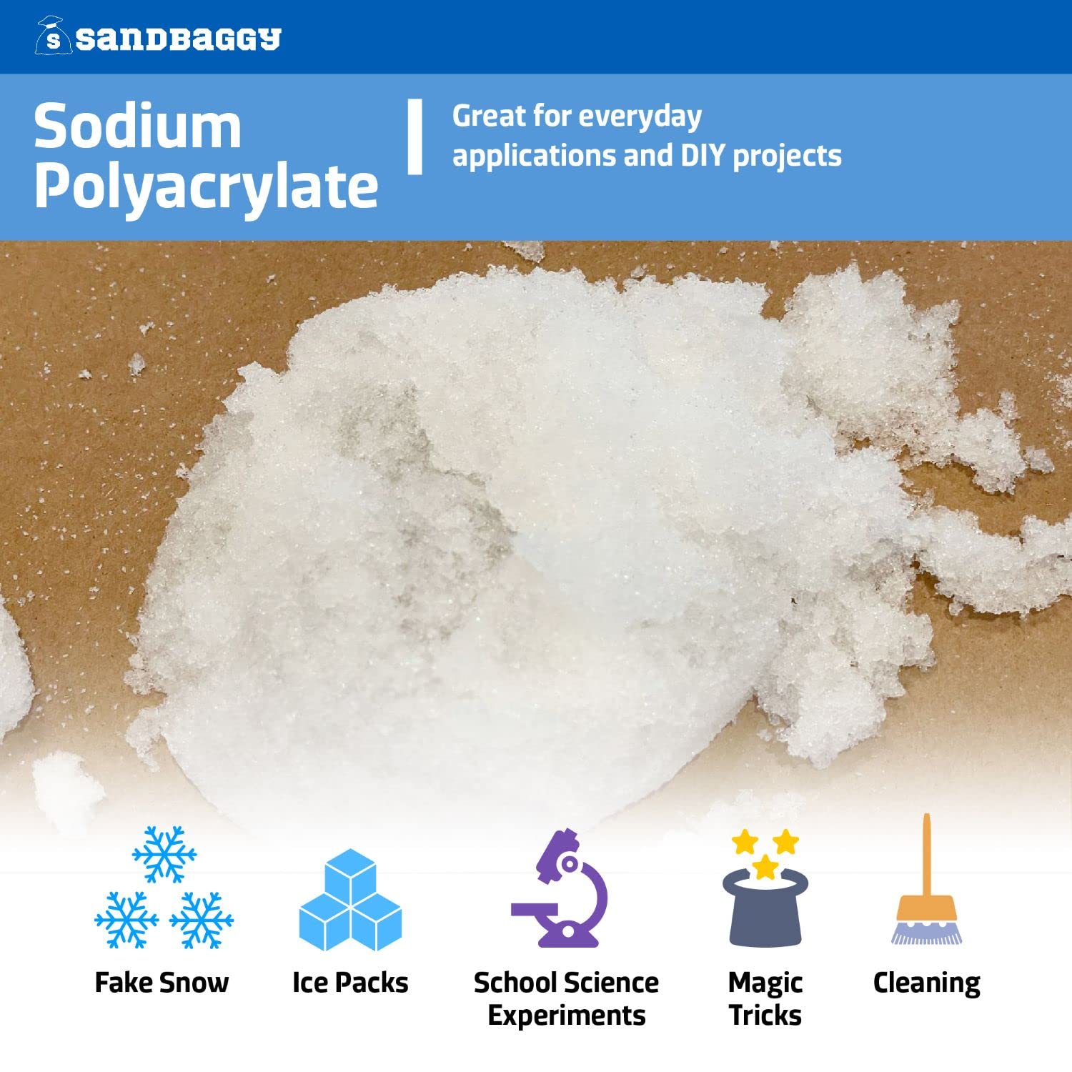 Sandbaggy Sodium Polyacrylate Crystals - Super Absorbent Polymers - Science Experiments, Fake Snow, Ice Packs, Skincare - Non Toxic, Made in The USA (5 lb - 80 oz)