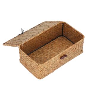 LAVEN Woven Rectangular Basket Bins, Simple Seagrass Storage Basket with Lid for Office (M)