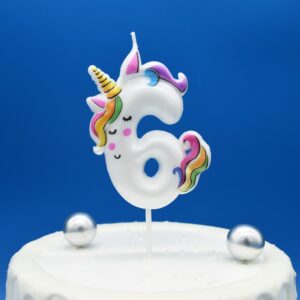 DERVENTA Birthday Candle Number White Unicorn Themed Party Decorations Beautiful Cake Topper 1 Piece (Unicorn Number 6)