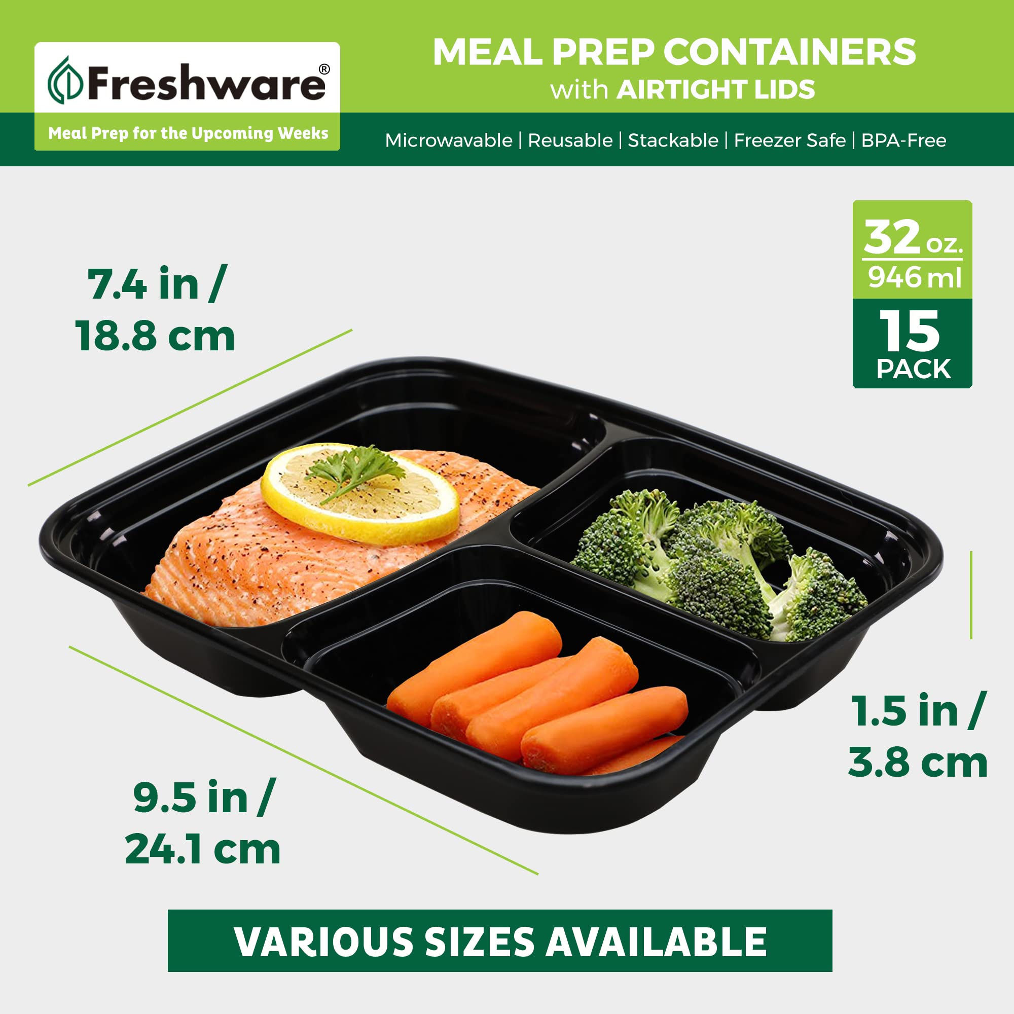 Freshware Meal Prep Containers with Lids [15 Pack] 3 Compartment, Food Storage Containers, Bento Box, BPA Free, Stackable, Microwave/Dishwasher/Freezer Safe (32 oz)