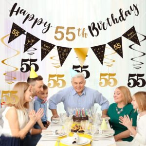 BRT Bearingshui 55th Birthday Decoration Kit for Men Women, Happy 55th Birthday Banner Bunting Swirls Streamers, Triangle Flag Banner for Birthday Party Decorations Supplies Black and Gold 55th