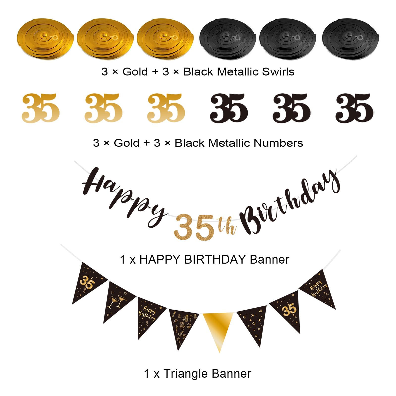 BRT Bearingshui 35th Birthday Decoration Kit for Men Women, Happy 35th Birthday Banner Bunting Swirls Streamers, Triangle Flag Banner for Birthday Party Decorations Supplies Black and Gold 35th