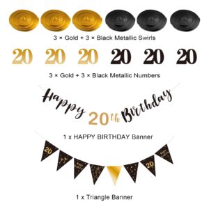 BRT Bearingshui 20th Birthday Decoration Kit for Men Women, Happy 20th Birthday Banner Bunting Swirls Streamers, Triangle Flag Banner for Birthday Party Decorations Supplies Black and Gold 20th