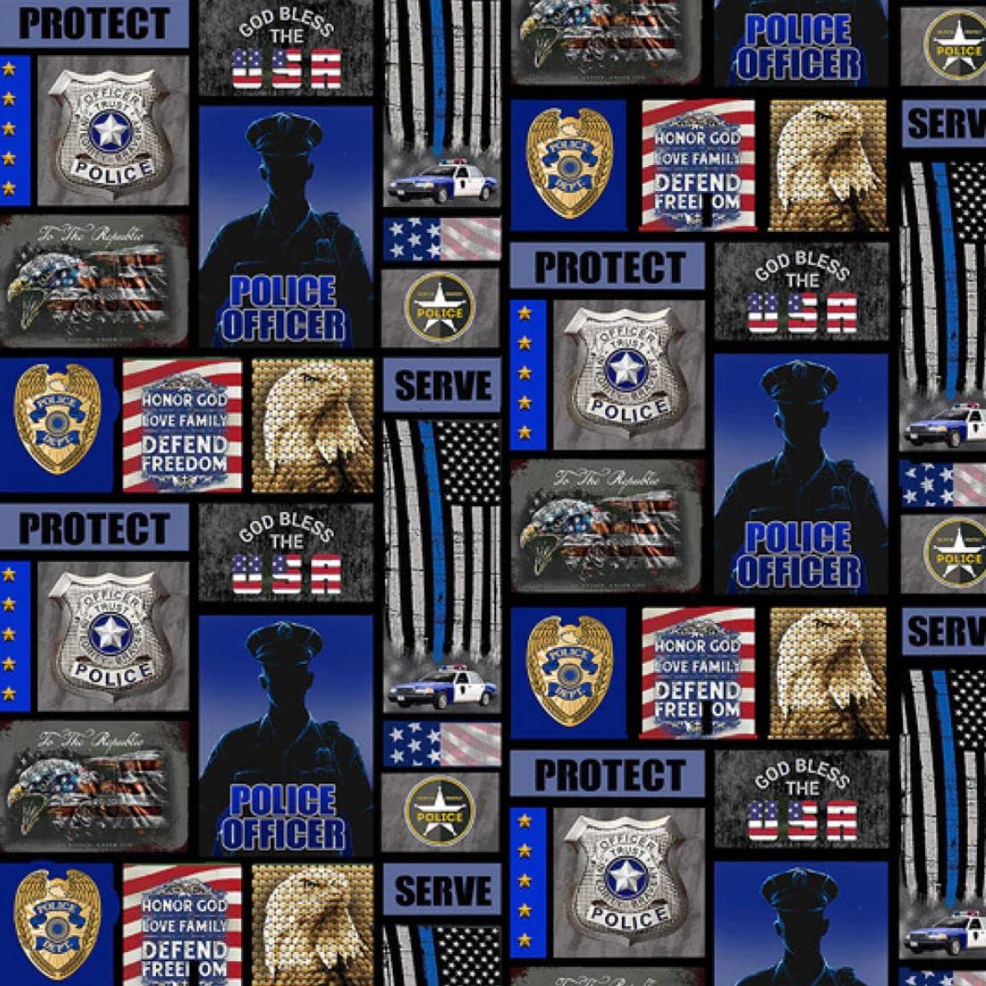 SYKEL ENTERPRISES Police Office Cotton Fabric-Police Department Camo Flag Block Cotton Quilting Fabric by Sykel