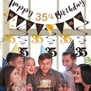 BRT Bearingshui 35th Birthday Decoration Kit for Men Women, Happy 35th Birthday Banner Bunting Swirls Streamers, Triangle Flag Banner for Birthday Party Decorations Supplies Black and Gold 35th