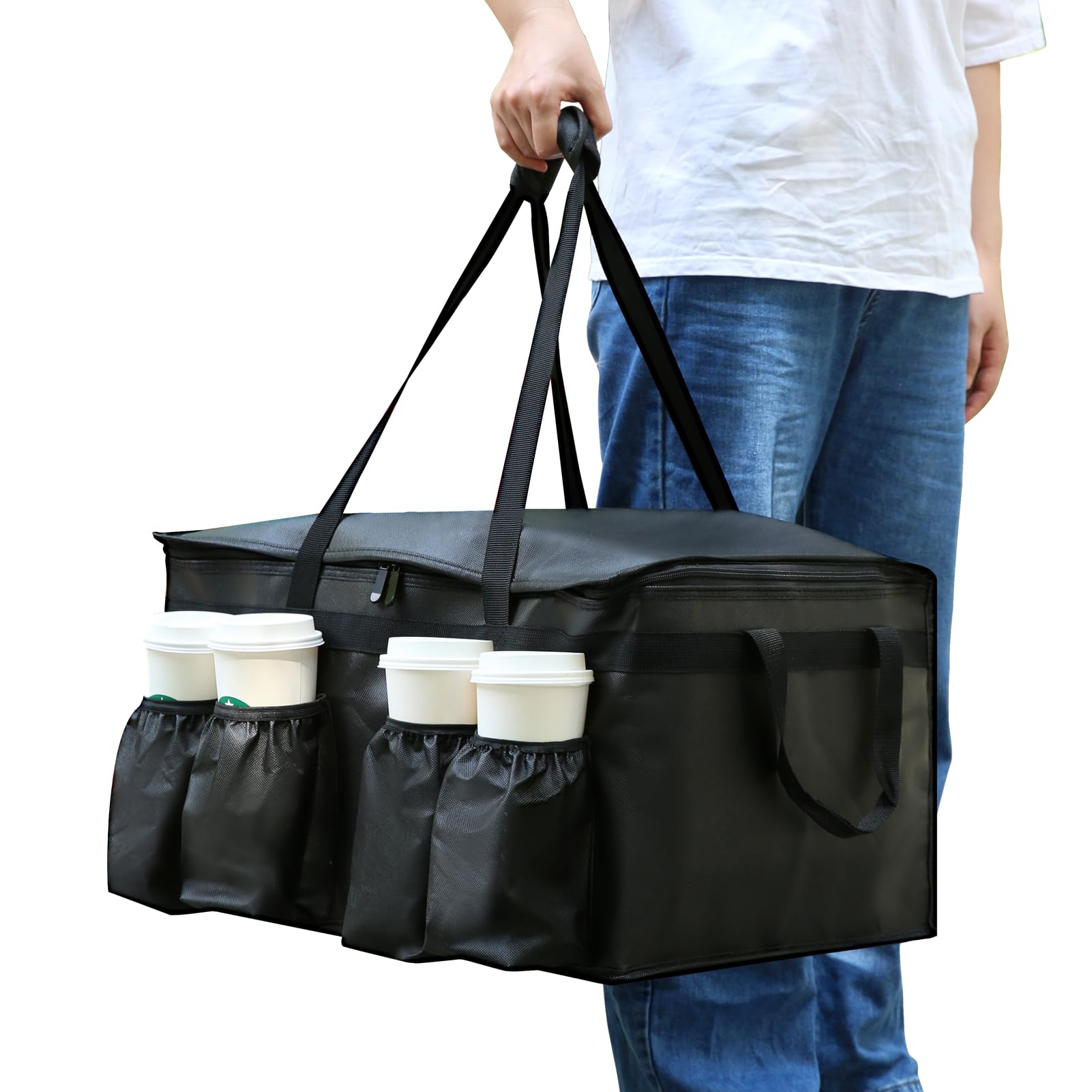 Catering Bag for doordash 22x14x13 hot Boxes Insulated Food Delivery Bag with Cup Holders/Drink Carriers Premium XXL, Great for Beverages, Grocery, Pizza, Commercial Quality Hot and Cold