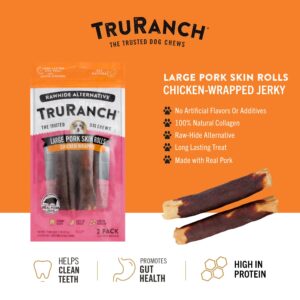 TRURANCH Large Pork Skin Rolls, Chicken-Wrapped Jerky, Made with Real Pork Skin, Rawhide Alternative, Healthy Dog Chews, 1 Bag, 2 Count