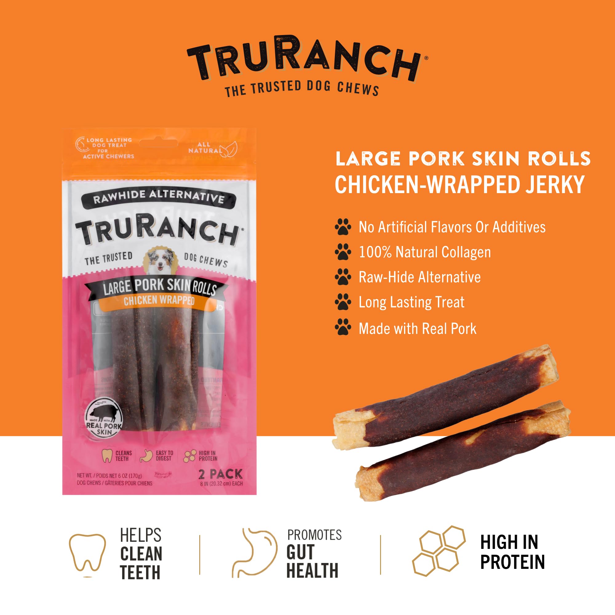 TRURANCH Large Pork Skin Rolls, Chicken-Wrapped Jerky, Made with Real Pork Skin, Rawhide Alternative, Healthy Dog Chews, 1 Bag, 2 Count