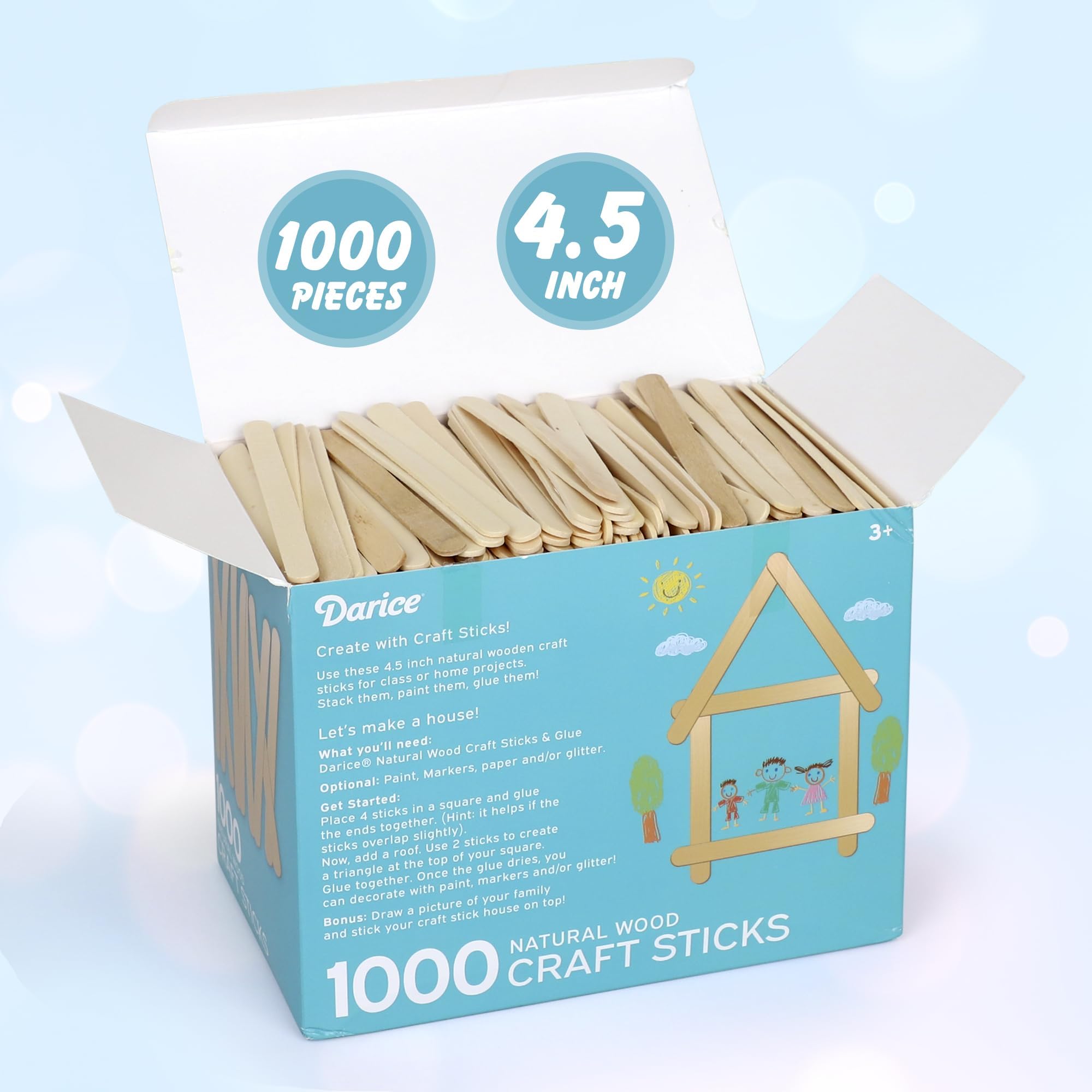 Darice 1000 Pcs Popsicle Stick, 4.5" Natural Wood Craft Sticks Supplies, Ice-Cream Stick Pop, Ages 3+