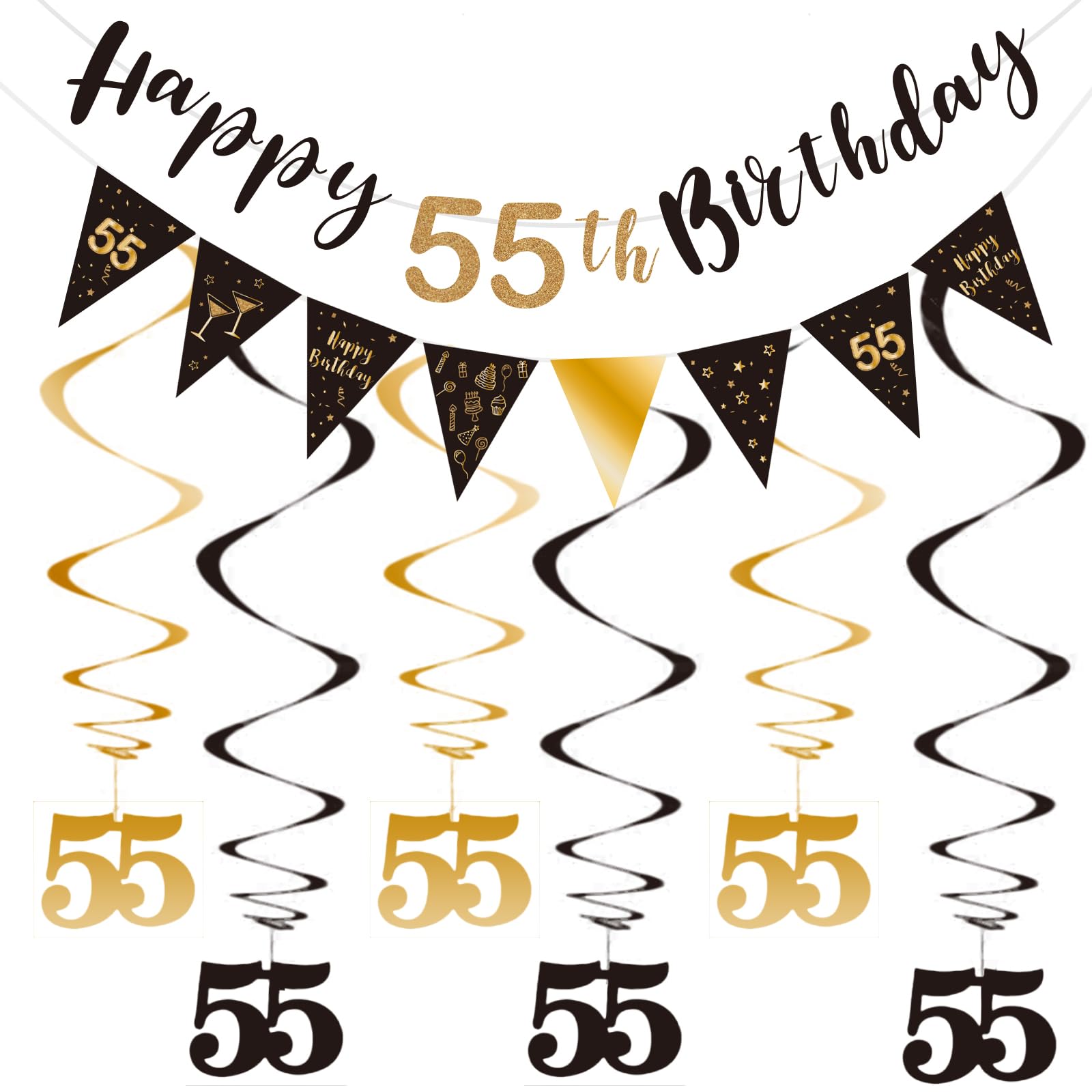 BRT Bearingshui 55th Birthday Decoration Kit for Men Women, Happy 55th Birthday Banner Bunting Swirls Streamers, Triangle Flag Banner for Birthday Party Decorations Supplies Black and Gold 55th