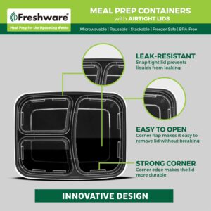 Freshware Meal Prep Containers with Lids [15 Pack] 3 Compartment, Food Storage Containers, Bento Box, BPA Free, Stackable, Microwave/Dishwasher/Freezer Safe (32 oz)