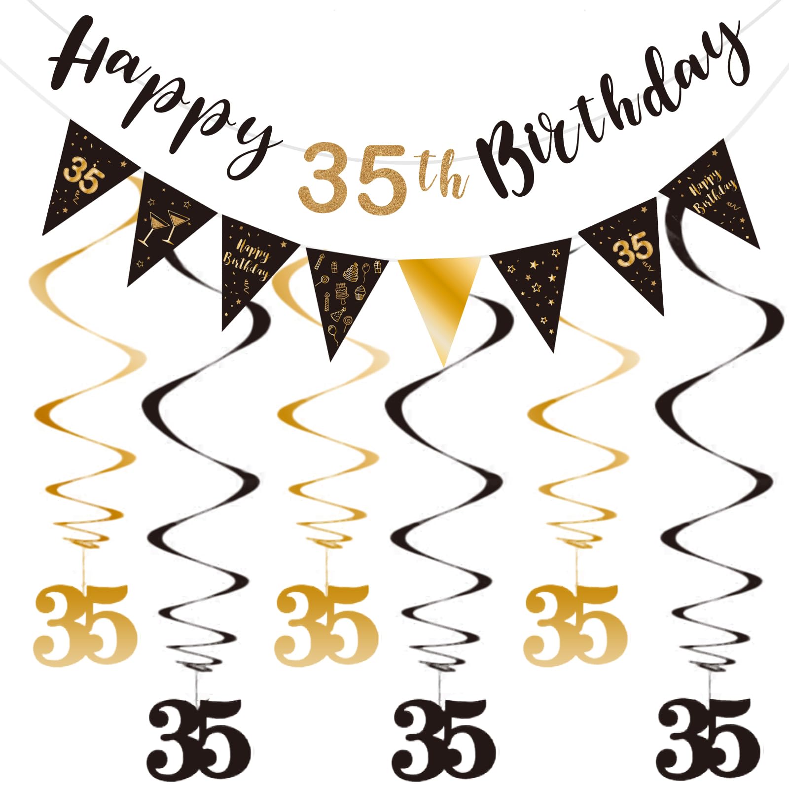 BRT Bearingshui 35th Birthday Decoration Kit for Men Women, Happy 35th Birthday Banner Bunting Swirls Streamers, Triangle Flag Banner for Birthday Party Decorations Supplies Black and Gold 35th