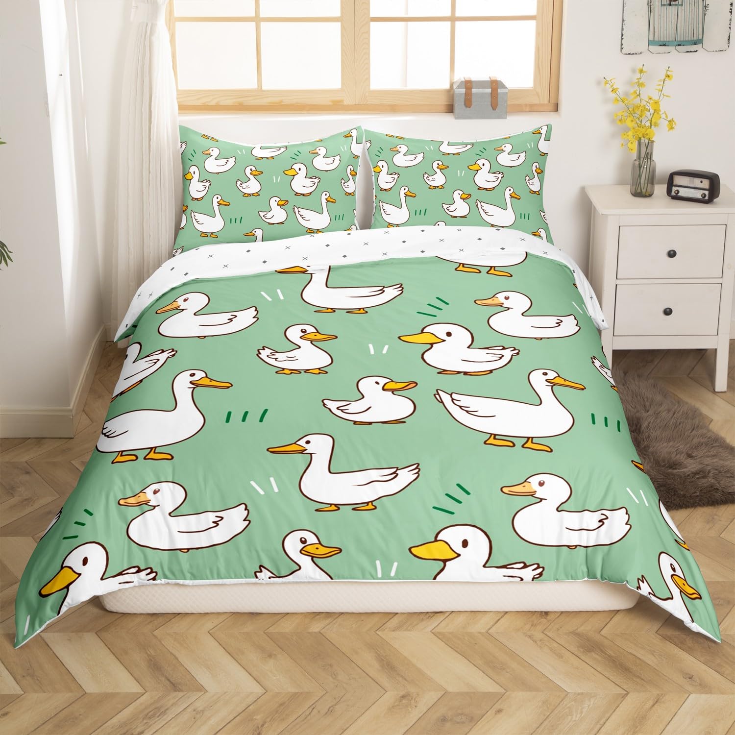 Erosebridal Kawaii White Goose Duvet Cover for Kids Boys Girls,Cartoon Bedding Set,Farm Animal Comforter Cover King Size,Country Duck Bed Sets with 2 Pillowcases Bedroom Decor