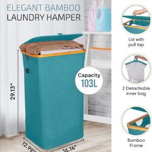 Royal Assad Large Collapsible Laundry Hamper with Lid - Foldable Bamboo Laundry Basket with 2 Removable Bags for Clothes, Towels, Bedroom, Bathroom - 27.2 Gallons (103L) - Light Teal