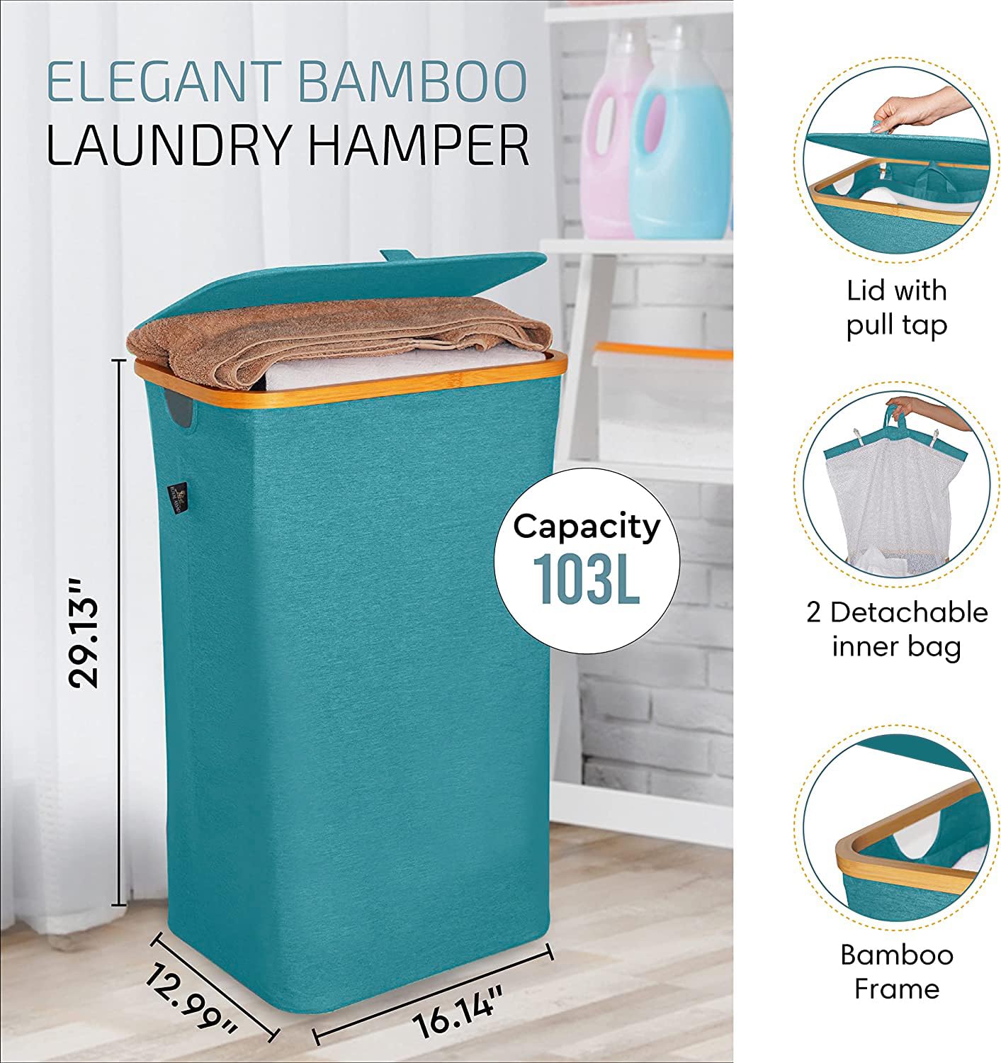 Royal Assad Large Collapsible Laundry Hamper with Lid - Foldable Bamboo Laundry Basket with 2 Removable Bags for Clothes, Towels, Bedroom, Bathroom - 27.2 Gallons (103L) - Light Teal