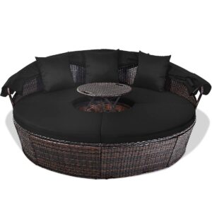 HAPPYGRILL Patio Daybed with Canopy Outdoor Furniture Set Sofa Set Rattan Wicker Round Daybed with Soft Cushions Coffee Table for Patio Backyard Poolside