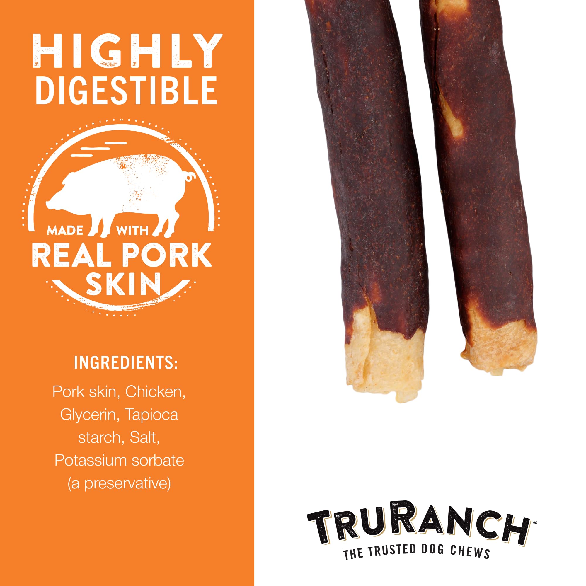 TRURANCH Large Pork Skin Rolls, Chicken-Wrapped Jerky, Made with Real Pork Skin, Rawhide Alternative, Healthy Dog Chews, 1 Bag, 2 Count