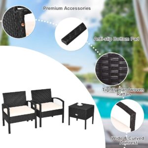 HAPPYGRILL 3 Pieces Patio Furniture Set Rattan Wicker Sofa Set with Removable Cushions and Coffee Table, Outdoor Conversation Bistro Chairs Set with Storage Table for Garden Poolside Balcony