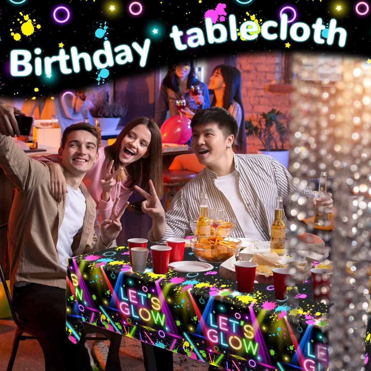 HAKOTI 3Pack Glow Tablecloth,Glow Party Supplies Neon Glow Birthday Rectangle Table Cover Let's Glow Tablecloth for Glow in The Dark,Let's Glow Party Decoration