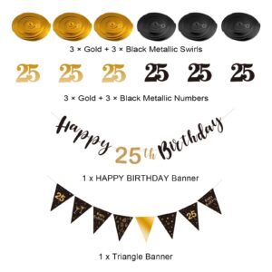 BRT Bearingshui 25th Birthday Decoration Kit for Men Women, Happy 25th Birthday Banner Bunting Swirls Streamers, Triangle Flag Banner for Birthday Party Decorations Supplies Black and Gold 25th