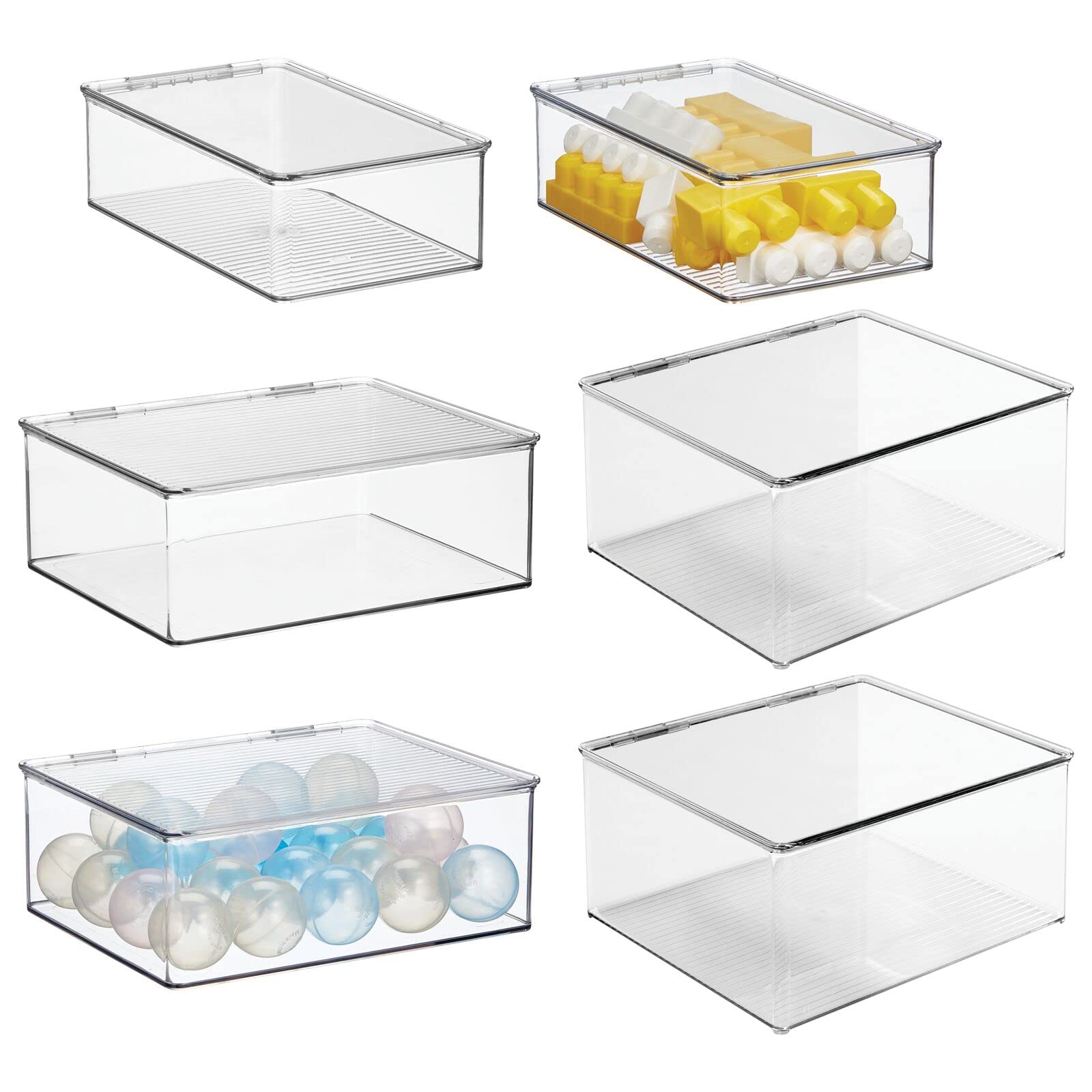 mDesign Plastic Stackable Playroom/Game Organizer Storage Box with Hinged Lid for Shelves, Cubbies, Holds Toys, Blocks, Puzzles, Controllers, or Crayons, Set of 6, Clear