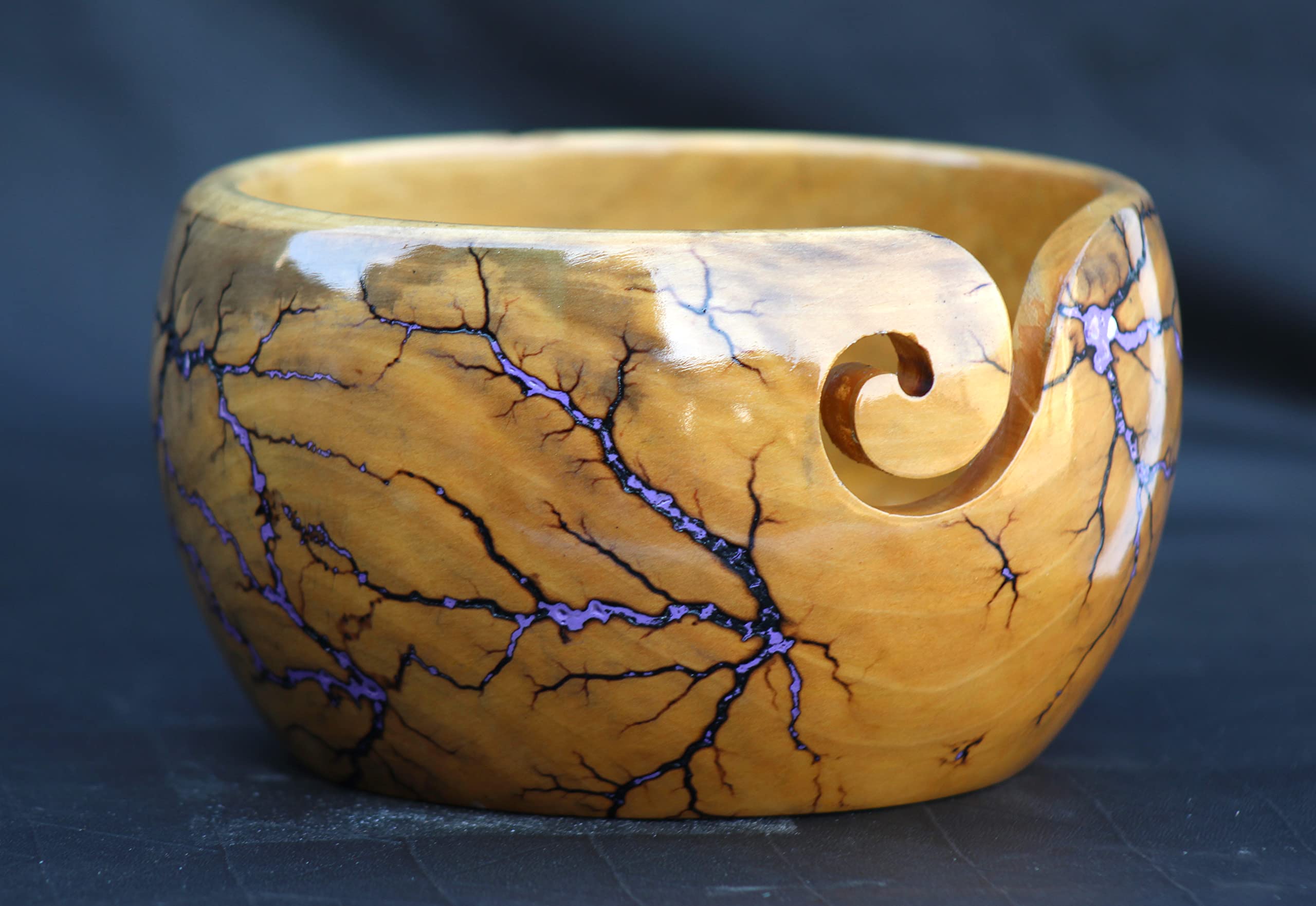 Lichtenberg Figure Yarn Bowl - Handmade Wooden Yarn Bowl for Knitting Yarn Ball Holder - Yarn Bowls with Holes Crochet Bowl Holder - Yarn Storage Bowl 7" x 4" inches (Purple-B)