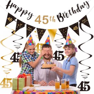 BRT Bearingshui 45th Birthday Decoration Kit for Men Women, Happy 45th Birthday Banner Bunting Swirls Streamers, Triangle Flag Banner for Birthday Party Decorations Supplies Black and Gold 45th