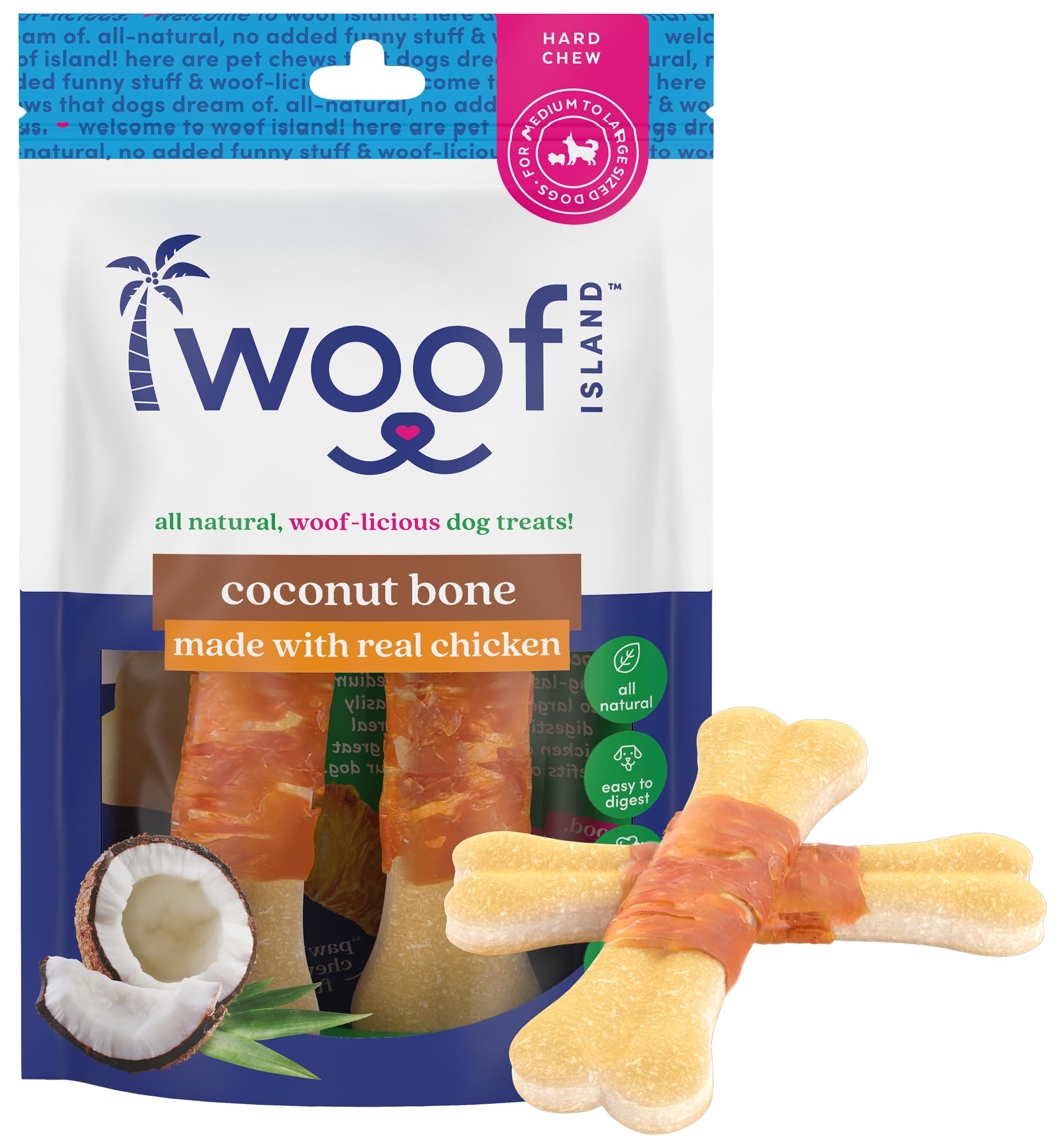 Woof Island Coconut Dog Bones - Premium, All Natural Coconut Dog Treats - Healthy Puppy Treats & Vitamin Rich Rawhide Free Dog Chews - (with Real Chicken)